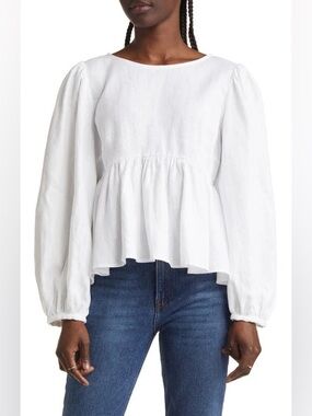 Reformation Cream Linen Peplum Long-Sleeve Blouse